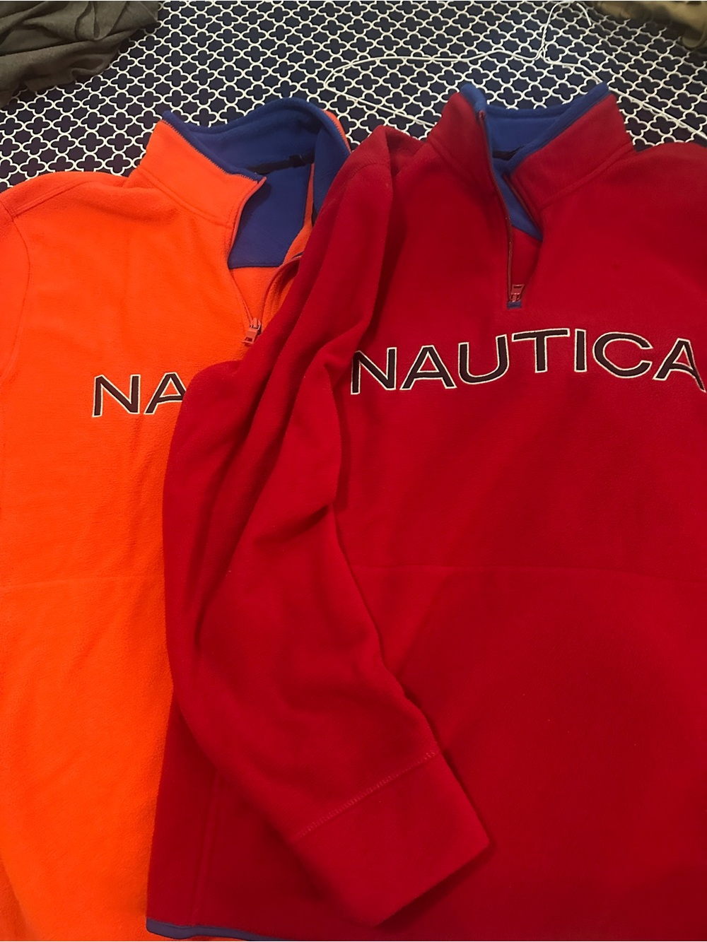 Nautica Red and Orange Half-Zip Fleece Pullovers with Blue Accents